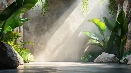 Sunlit Tropical Plants and Stone Wall Background