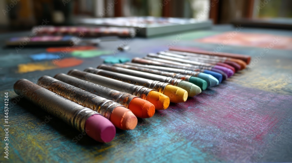 Poster vibrant array of colorful crayons on a table, ready for artistic exploration colorful