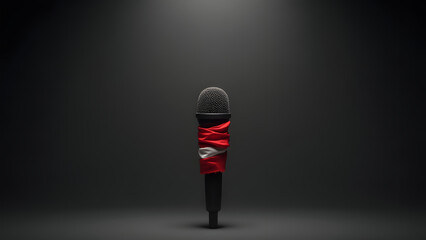 Austria’s flag binds a microphone, symbolizing suppressed voices. Dark, cinematic lighting heightens the drama.