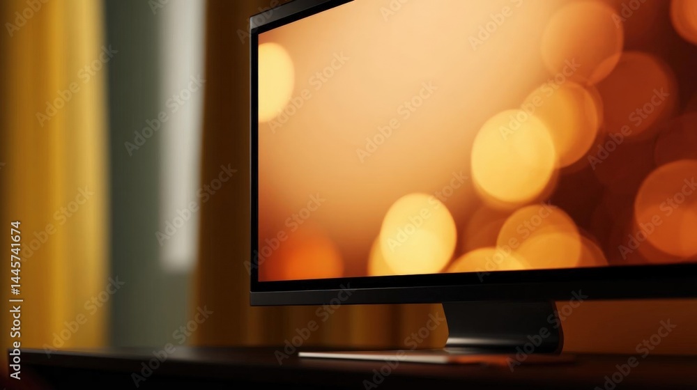 Poster computer monitor on a wooden desk. the monitor is turned on and the screen is displaying an orange a