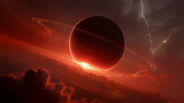 Planet with Rings, Swirling Clouds, and Lightning