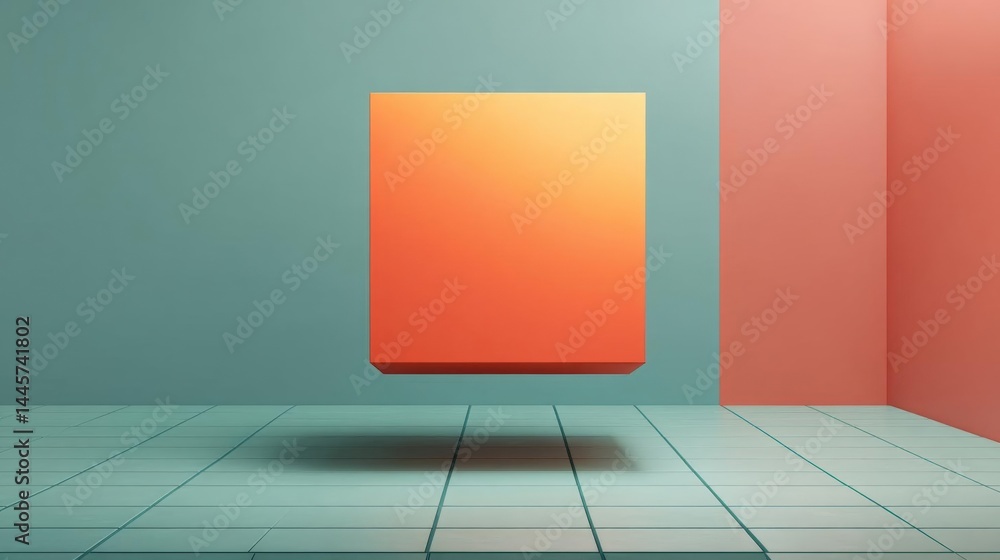 Poster empty room with a square-shaped orange object in the center. the cube is placed against a light blue