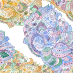 watercolor seamless texture with abstract ethnic hand drawn ornament