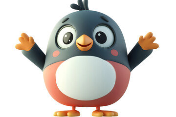 Obraz premium cute cartoon penguin character standing happy with raised hands illustration isolated png transparent cutout