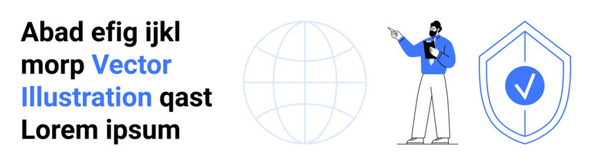 Person pointing at clipboard near globe, shield with checkmark, and bold text. Ideal for education, cybersecurity, analytics, data protection, global communication, fintech simple landing page