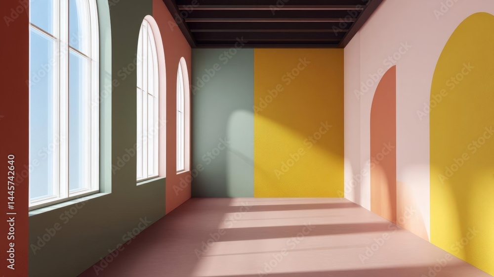 Poster empty room with three arched windows on the left side. the walls are painted in different shades of 