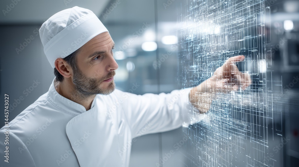 Poster man in white coat and hat interacts with a futuristic digital interface, exploring technological adv