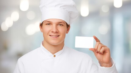 Young chef holds business card, connecting culinary expertise with opportunity young