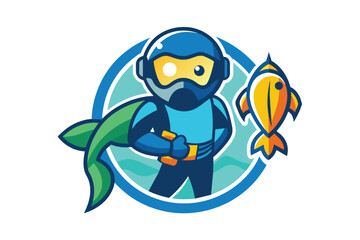 Naklejka premium A person dressed in scuba diving gear gives a thumbs up while surrounded by water, accompanied by a colorful fish, highlighting underwater exploration and marine adventure.