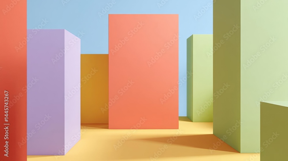 Poster group of colorful geometric shapes arranged in a diagonal line. the shapes are made up of different 