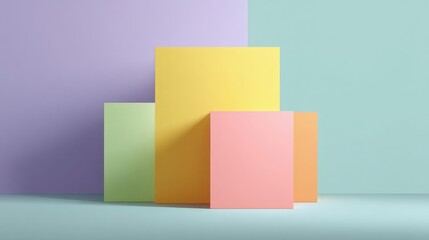 Obraz premium Three rectangular boxes stacked on top of each other on a light blue background. the boxes are of different colors - one is yellow, one is pink, and one is green.