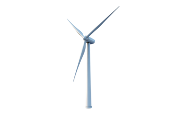 A sleek wind turbine stands tall, harnessing wind energy with three long, aerodynamic blades, isolated on a transparent background