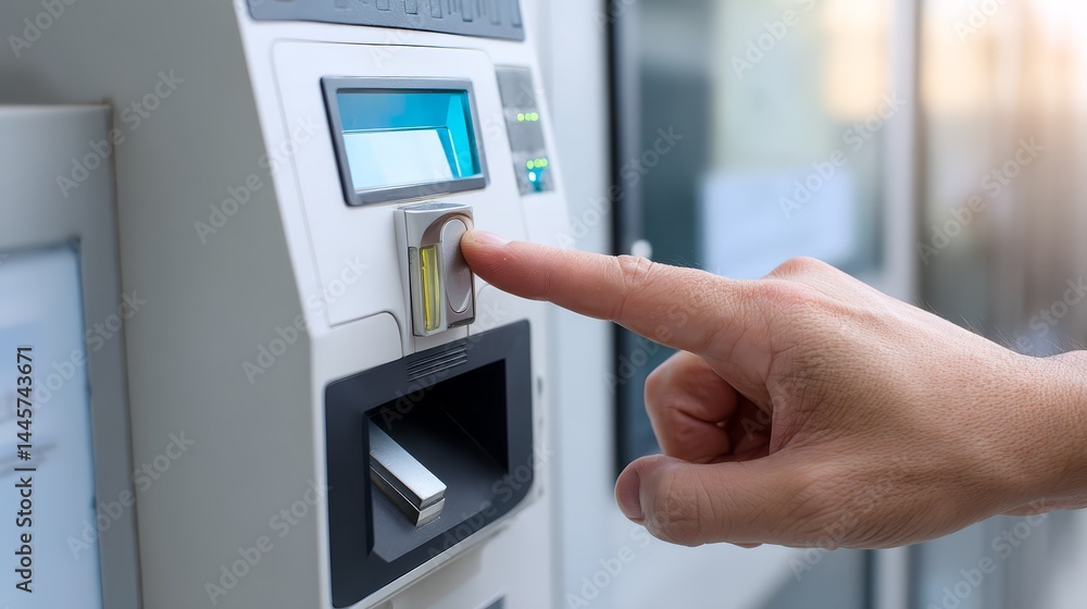 Poster person initiating machine operation by pressing control button, automation and technology in action