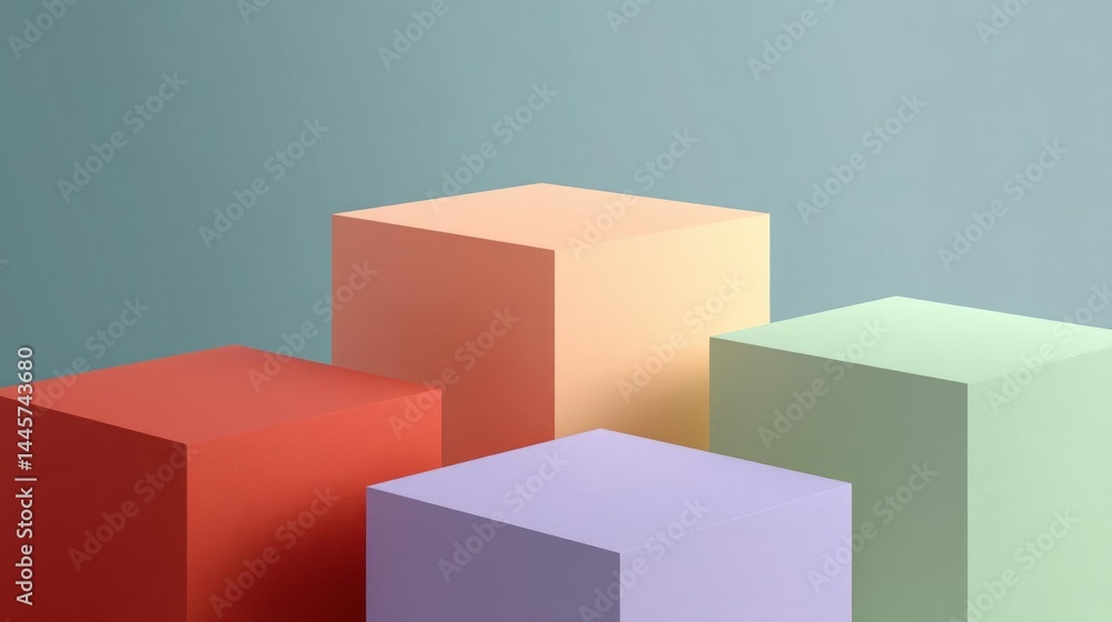 Poster four colorful cubes arranged in a row on a light blue background. the cubes are of different sizes a