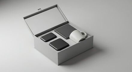 Monochromatic promotional gift box with mug, notebook, and wireless chargers on plain backdrop