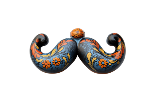A whimsical carved mustache painted with orange floral patterns and swirls, evoking folk art charm, isolated on a transparent background