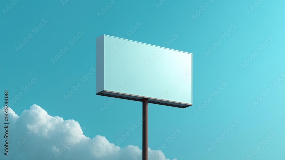 Poster blank billboard on a pole against a blue sky with white clouds. the billboard is rectangular in shap