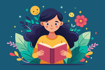 A girl with long hair enjoys reading a book, immersed in a lively environment filled with cheerful plants and colorful decorations reflecting her joyful mood.
