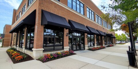 Modern commercial brick buildings with large windows, colorful flowers lining the sidewalk, and sunny blue sky ambiance