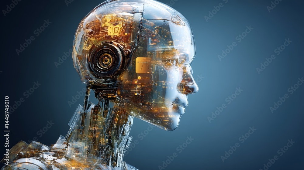 Aufkleber futuristic robot head with exposed circuitry, exploring the intricacies of artificial intelligence