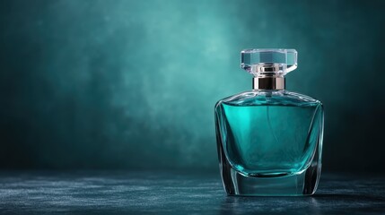 A stunning teal perfume bottle with a graceful design stands on a luxurious surface, capturing the essence of modern aesthetics and the allure of fragrance in everyday life.