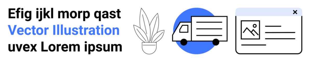 Delivery truck beside document browser window and plant pot symbolizing logistics, document sharing, and sustainability. Ideal for shipping, online services, logistics, e-commerce, eco-friendly