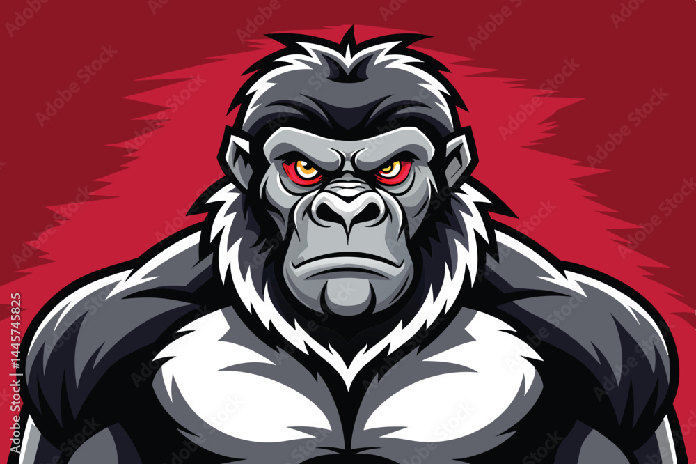 Poster a bold gorilla graphic features sharp lines and vibrant colors, highlighting its muscular build and 