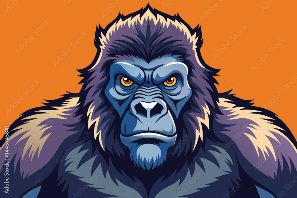 Poster this depiction features a bold and colorful representation of a gorilla with intense eyes and a stro