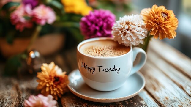 Warm coffee, happy Tuesday, flowers