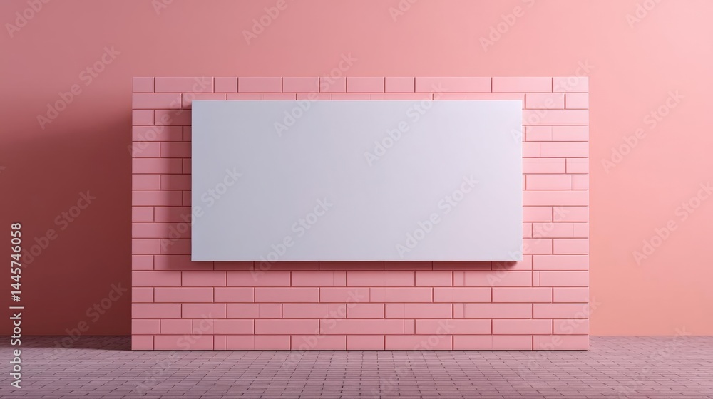 Aufkleber blank white canvas hanging on a pink brick wall. the canvas is rectangular in shape and is placed in