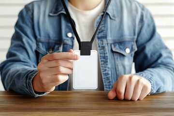 Person in Blue Denim Jacket Holding White ID Card with Black Lanyard Sitting at Wooden Table