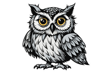 Fototapeta premium This illustration features an owl with striking yellow eyes and detailed feathers, sitting elegantly. The artwork captures the essence of wisdom and natures beauty.