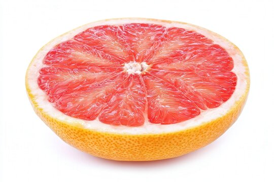 Top view of pink grapefruit slice on white background, juicy citrus fruit
