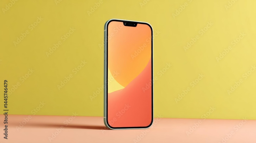 Poster 3d rendering of an smartphone x on a pink and yellow background. the phone is positioned in the cent
