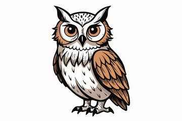 Obraz premium This illustration features an owl standing upright, its large eyes observing the surroundings, highlighting detailed feather textures and striking colors.