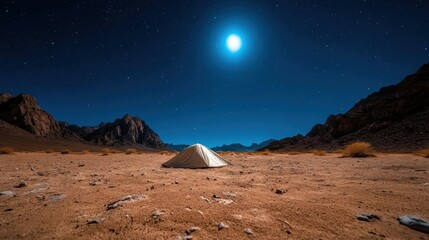 A solitary tent illuminated under a breathtaking starry night sky, evoking feelings of adventure, isolation, and the beauty of nature's vastness.