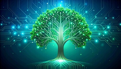 Glowing Green Circuit Board Tree Digital Abstract Art