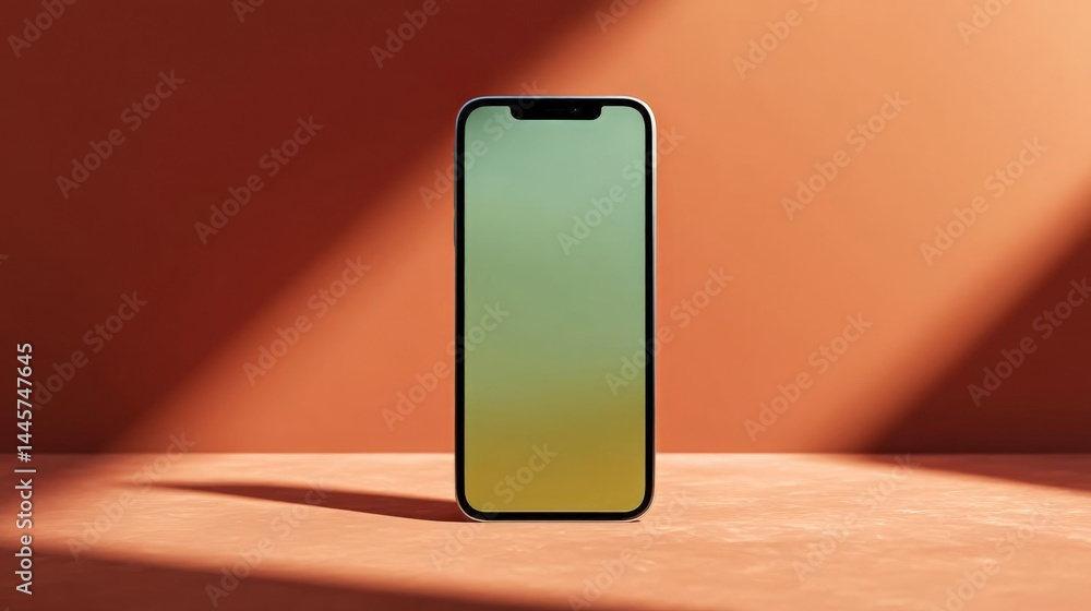 Aufkleber smartphone with a black screen on a wooden surface. the background is a gradient of orange and yello