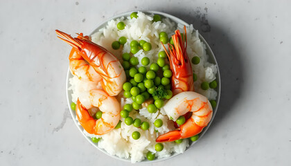 Plateful of Shrimp on White Rice Garnished with Bright Green Peas on Light Gray Background