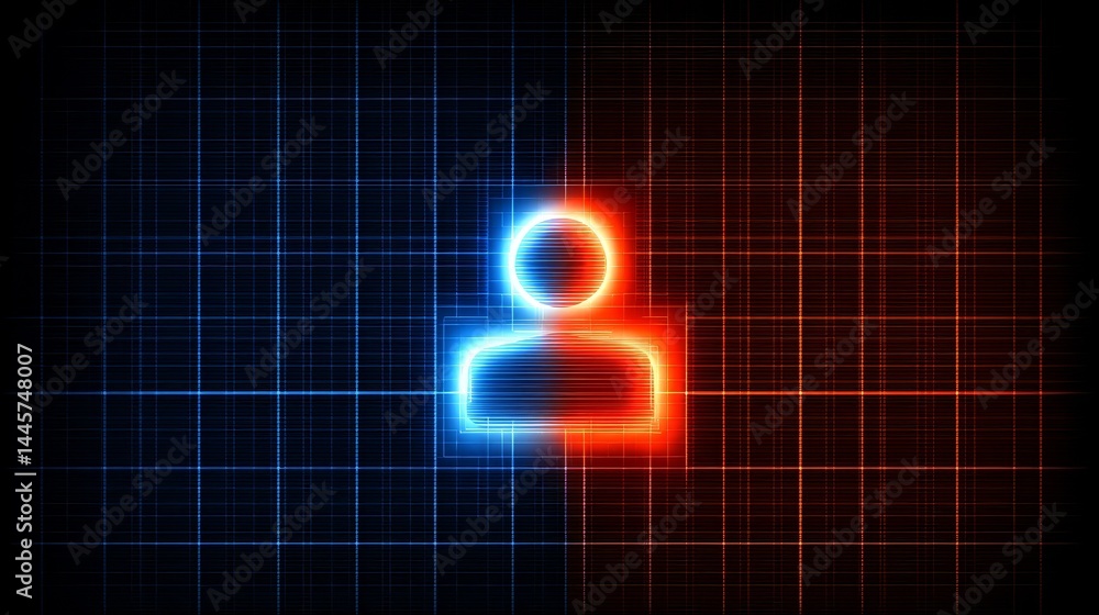 Poster dynamic interplay of red and blue lights illuminating a person in captivating visual display