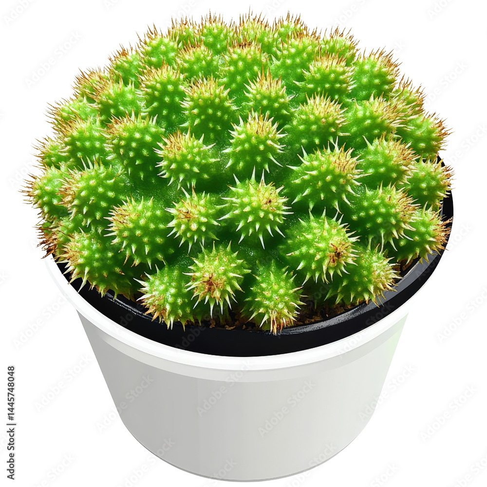 Poster close-up of a top view of a vibrant green round cactus with numerous small spines in a white pot on 