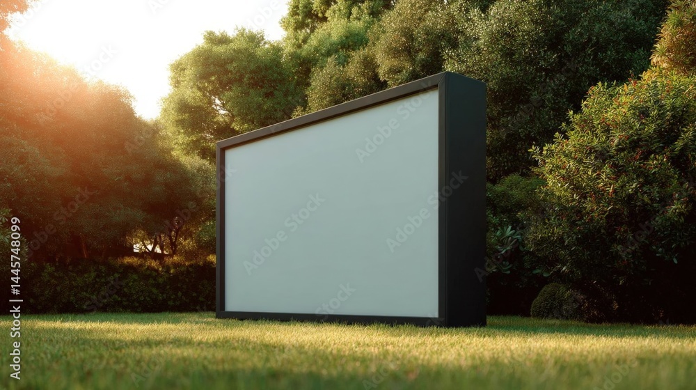 Poster blank billboard standing on a grassy lawn in a park or garden. the billboard is rectangular in shape