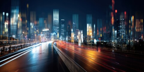 Obraz premium Night Cityscapes: Urban Expressway Traffic Lights Blur, Modern Architecture at Night, Dynamic Cityscapes