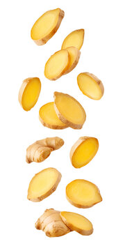 Falling ginger slice isolated on transparent background