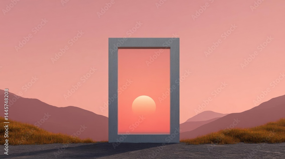 Poster open door in the middle of a desert landscape. the door is made of concrete and is in the center of 