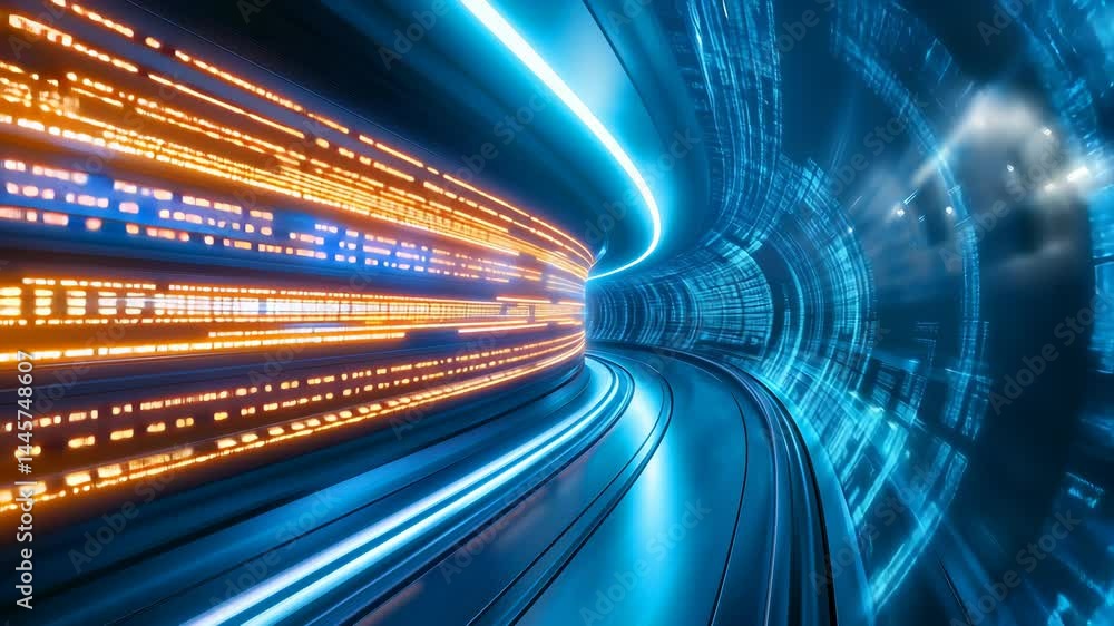 Poster high-speed digital tunnel with dynamic light trails representing technological movement. blue and or