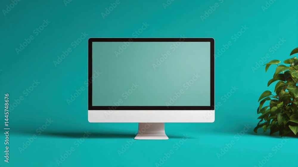 Poster computer monitor with a blank screen on a turquoise background. the monitor is placed on a white ped