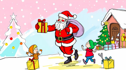 Obraz premium Joyful Santa and Children Celebrating Christmas with Gifts: Festive Winter Illustration Scene