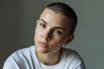 Fototapeta premium Striking Androgynous Woman in White Top with Daring Look