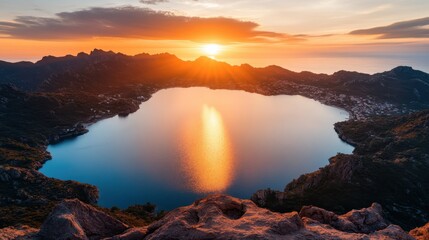 The sun rises majestically over a stunning mountain bay, illuminating the serene waters and creating a picturesque reflection of the breathtaking landscape on the surface.